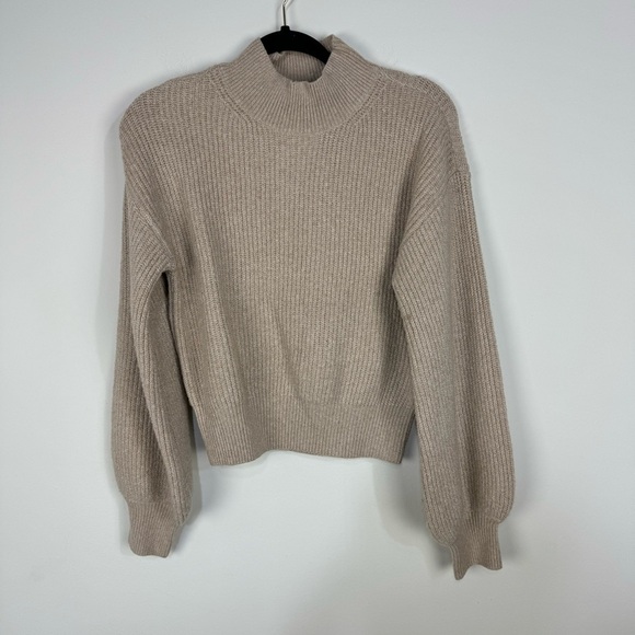 Weekend Tan Mock Neck Balloon Sleeve Cropped Neutral Boho Casual Sweater Cozy - Picture 1 of 4